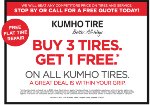 kumho tire seasonal special with free flat tire repair